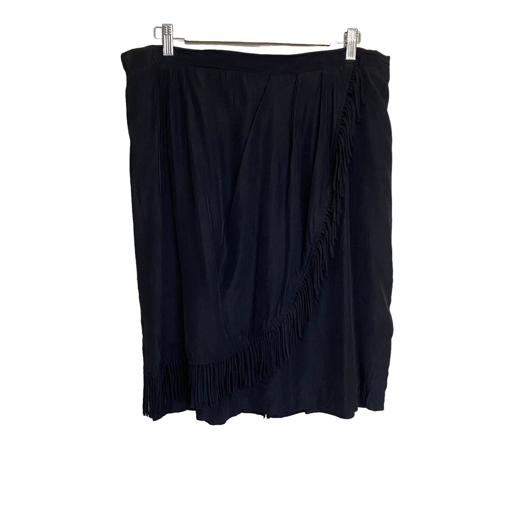 Melrose Vintage Skirt Women’s 16 Black Fringe Faux Wrap Pull On 90’s Western